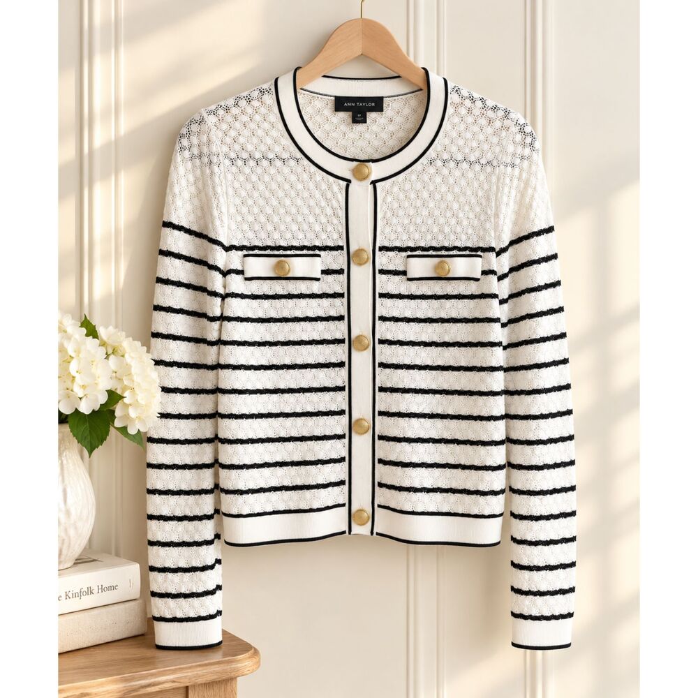 Ann Taylor SP Black White Striped Pointelle Knit Lady Jacket Cardigan